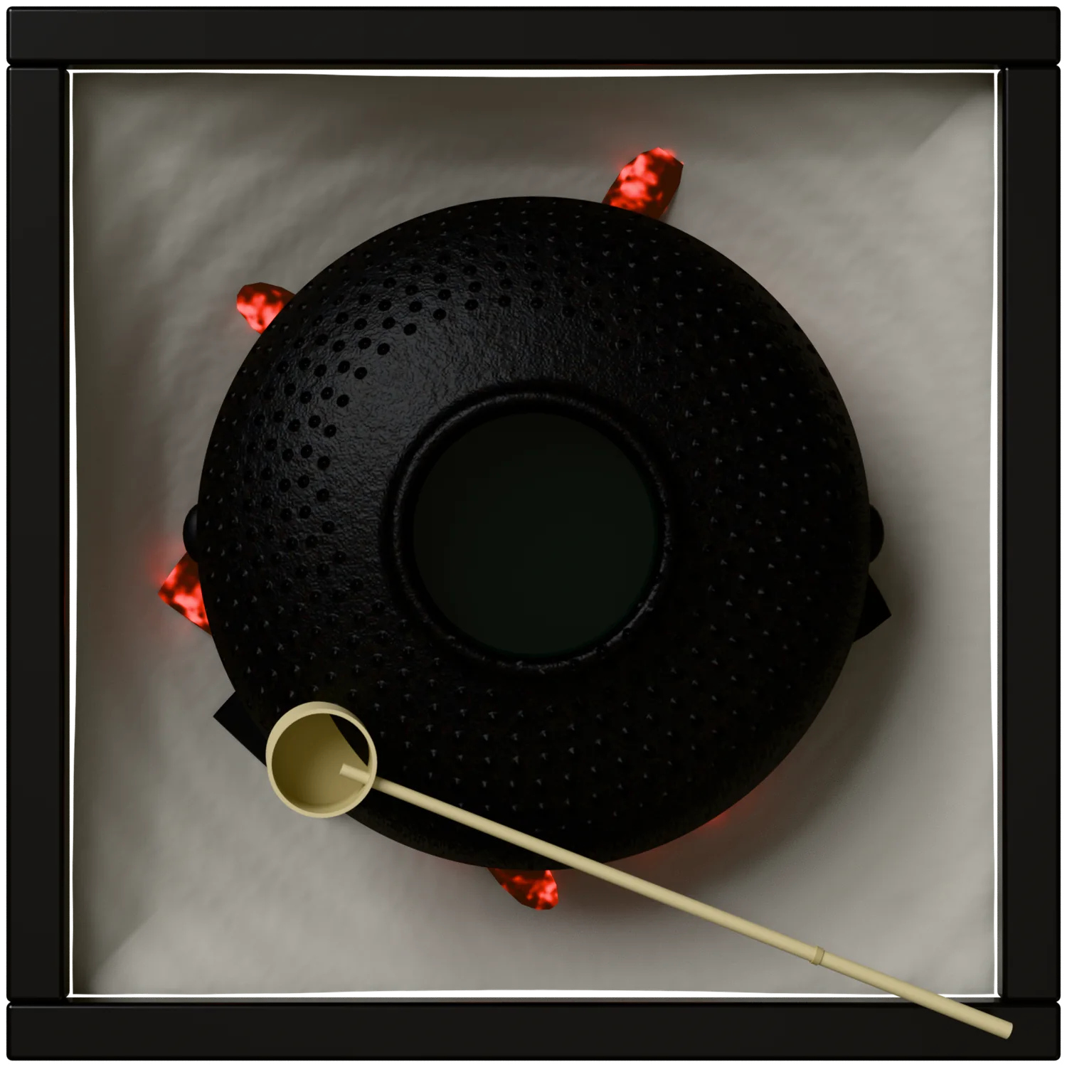 A sunken hearth seen from above: a black lacquer frame, pale ash, glowing charcoal, a cast-iron kettle with its lid off, and a bamboo ladle resting from its shoulder to the frame.
